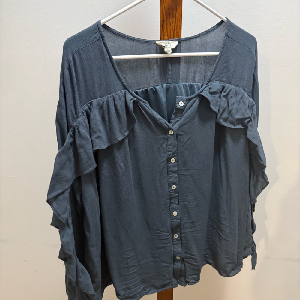 Women's Blue Ruffle Button-Up Top